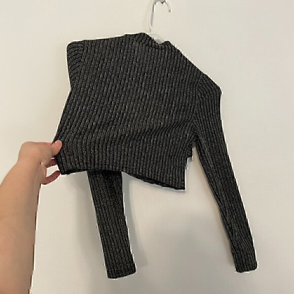 SHEIN Black Silver Metallic Striped Cross Front Cutout Long Sleeve Crop Top 8 10 - Picture 11 of 11